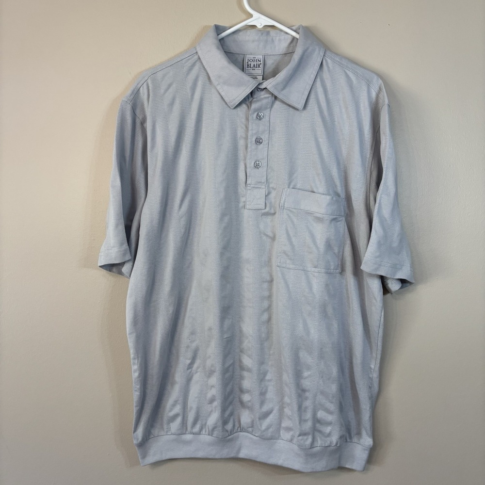 John Blair Men's L Gray Striped Polo Shirt Cotton Polyester Short Sleeve Pocket